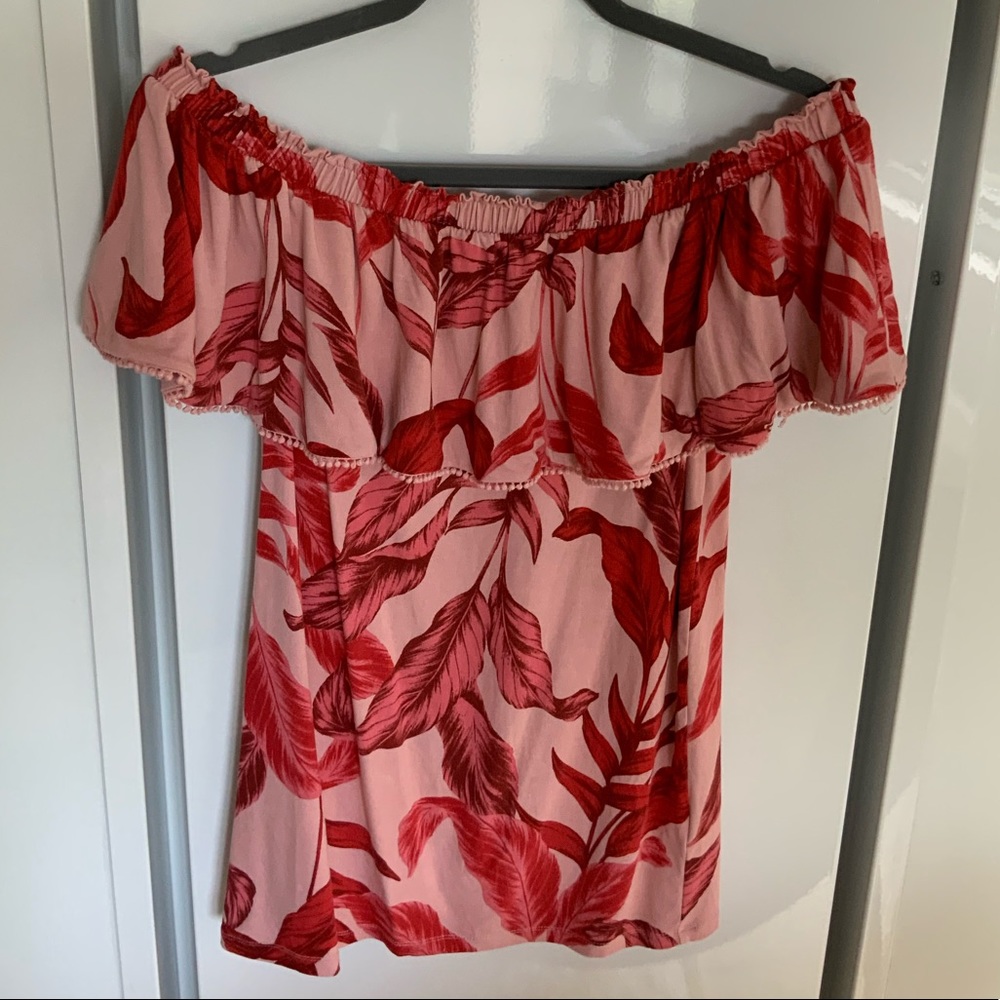 Off shoulder maternity pink Tropical ruffle summer spring top